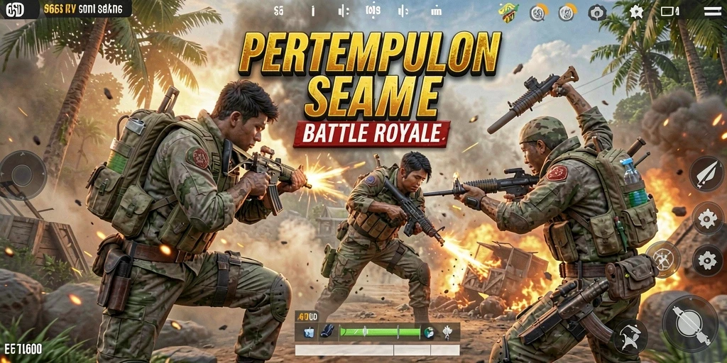 Screenshot utama 66D menampilkan aksi pertempuran Battle Royale yang mendebarkan.