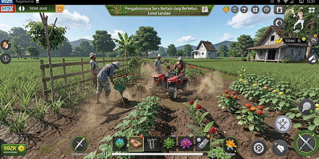 Screenshot gameplay 99ZK menampilkan lahan pertanian penuh dengan berbagai tanaman.
