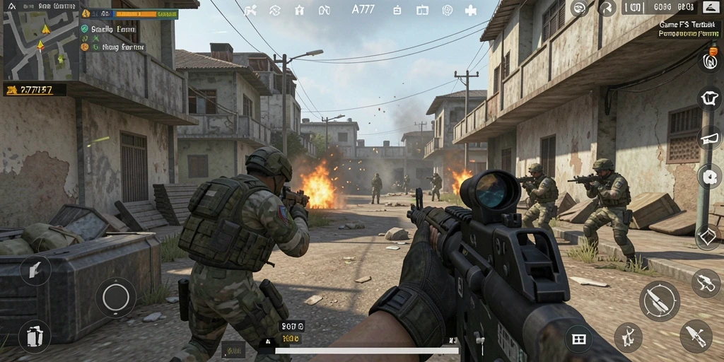 Screenshot gameplay A7777 menunjukkan pertarungan intens dan taktik tim yang mengesankan.