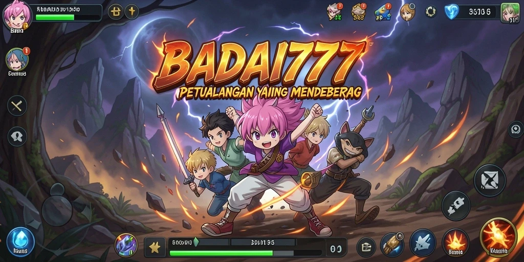 Tangkapan layar gameplay BADAI777 menunjukkan karakter anime yang beraksi.