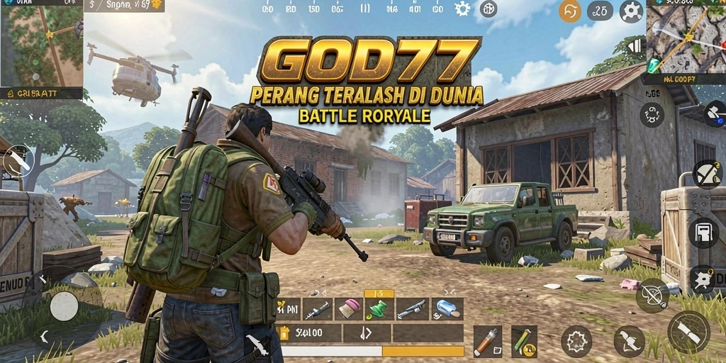 Screenshot gameplay GOD77 menampilkan pertempuran seru di arena Battle Royale.
