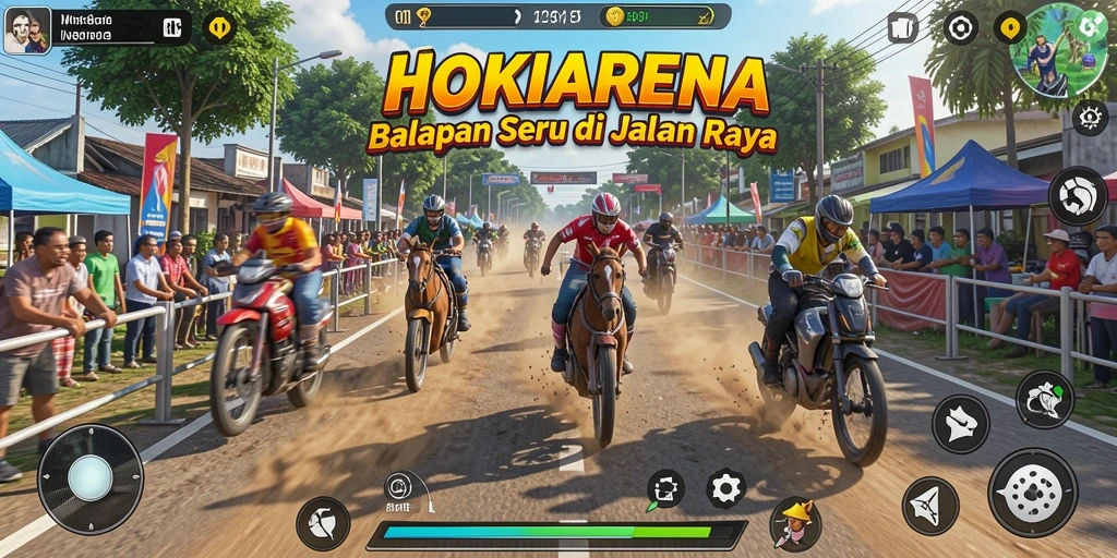 Screenshot gameplay HOKIARENA menampilkan balapan yang mendebarkan.