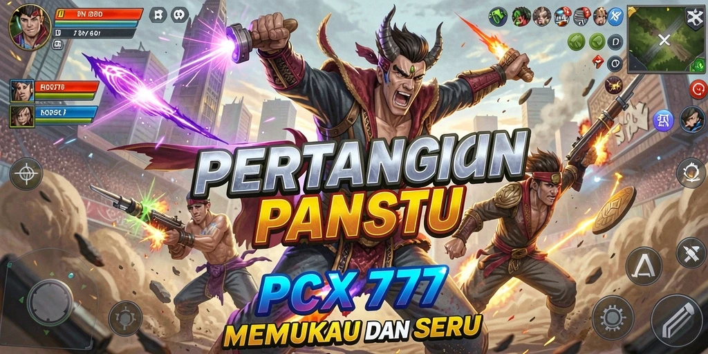 Tangkapan layar utama PCX777 menampilkan pertarungan berintensitas tinggi antara dua karakter.