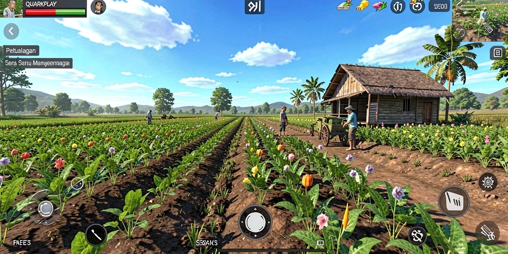 Tampilan gameplay QUARKPLAY menonjolkan kebun yang subur dan beragam tanaman.