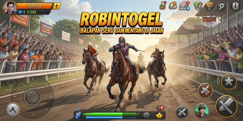 Menampilkan aksi balapan mendebarkan di ROBINTOGEL dengan grafis tajam.