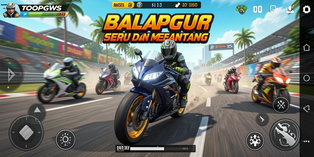 Gameplay seru TOOPGWS dengan balapan motor yang mendebarkan.