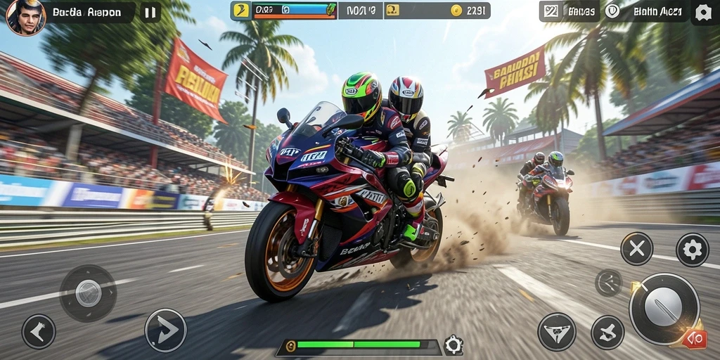Tampilan gameplay V21 yang mendebarkan dalam balapan motor.